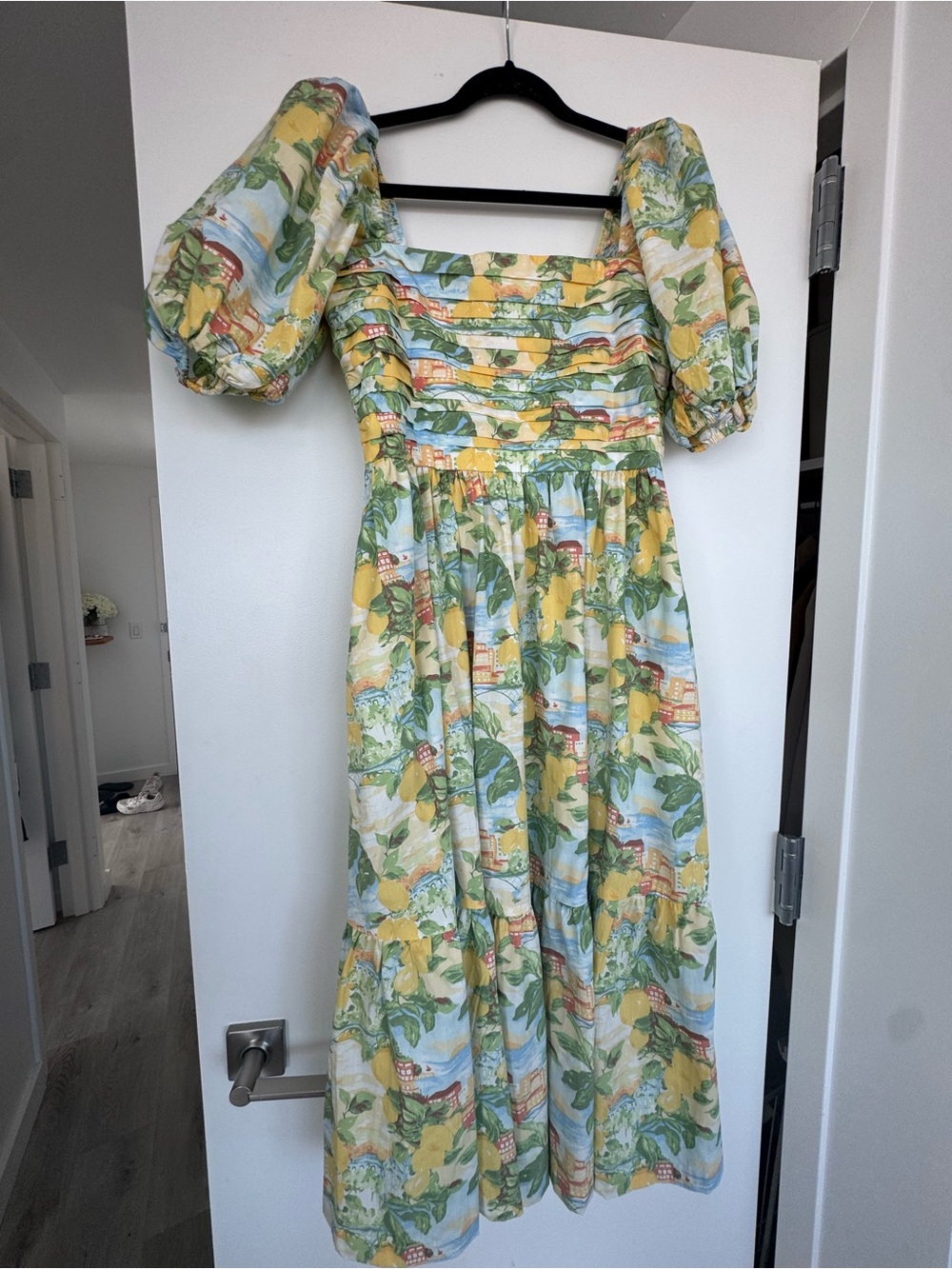 Abercrombie & Fitch Lemon Print Puff-Sleeve Midi Dress - Yellow & Green